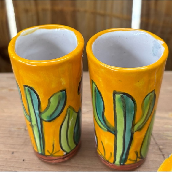 4 Piece Hand Painted Talvera Yellow Cactus Pattern Tequila Set - Picture 3 of 3